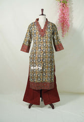 Olive Green with Flower Print - Aavani - Kalamkari Pure Cotton Readymade Kurti Set with Real Ajrakh Mirror Work - Perfect for Office Wear | Casual Days | Everyday wear