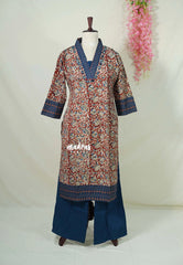 Reddish Maroon with Floral Prints - Aavani - Kalamkari Pure Cotton Readymade Kurti Set with Real Ajrakh Mirror Work - Perfect for Office Wear | Casual Days | Everyday wear