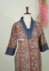 Reddish Maroon with Floral Prints - Aavani - Kalamkari Pure Cotton Readymade Kurti Set with Real Ajrakh Mirror Work - Perfect for Office Wear | Casual Days | Everyday wear