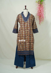 Maroon with Multicolor - Aavani - Kalamkari Pure Cotton Readymade Kurti Set with Real Ajrakh Mirror Work - Perfect for Office Wear | Casual Days | Everyday wear