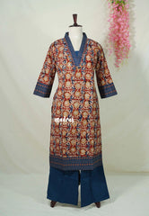 Dark Red with Flower Print - Aavani - Kalamkari Pure Cotton Readymade Kurti Set with Real Ajrakh Mirror Work - Perfect for Office Wear | Casual Days | Everyday wear