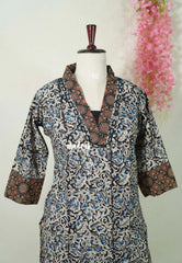 Jet Black with Multicolor - Aavani - Kalamkari Pure Cotton Readymade Kurti Set with Real Ajrakh Mirror Work - Perfect for Office Wear | Casual Days | Everyday wear