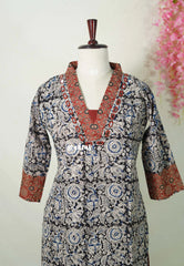 Midnight Black with Floral Prints - Aavani - Kalamkari Pure Cotton Readymade Kurti Set with Real Ajrakh Mirror Work - Perfect for Office Wear | Casual Days | Everyday wear