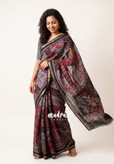 Black with Multicolor - Kalanjali chanderi Silk with Kalamkari Prints with Tiny Border - Best for Casual Wear