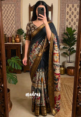 Ebony Black - Kalanjali Chanderi Silk with Peacock Prints Ram Parivar Prints Border - Best for Small Functions | Casual Wear