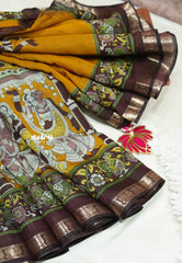 Turmeric yellow - Kalanjali chanderi silk with kalamkari kalahasti prints