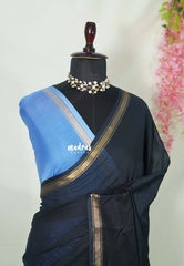 Blackish Blue (Closest Black) - Kalanjali Soft Chanderi Silk with Contrast Blouse Combo - Perfect for Office Wear