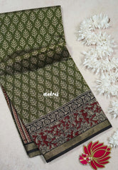 Olive Green - Kalanjali Fine Quality Soft Chanderi Silk with Ikkat Prints and Kalamkari Border - Perfect for Office Wear