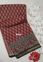 Reddish Maroon - Kalanjali Fine Quality Soft Chanderi Silk with Ikkat Prints and Kalamkari Border - Perfect for Office Wear