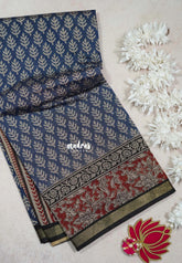 Muted Indigo Blue - Kalanjali Fine Quality Soft Chanderi Silk with Ikkat Prints and Kalamkari Border - Perfect for Office Wear
