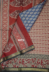 Muted Indigo Blue - Kalanjali Fine Quality Soft Chanderi Silk with Ikkat Prints and Kalamkari Border - Perfect for Office Wear