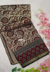 Muted Beige with Red - Kalanjali Fine Quality Soft Chanderi Silk Kalamkari Body with Small Zari Border - Perfect for Office Wear