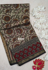 Muted Beige with Mustard - Kalanjali Fine Quality Soft Chanderi Silk Kalamkari Body with Small Zari Border - Perfect for Office Wear
