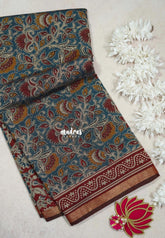 Peacock Blue - Kalanjali Fine Quality Soft Chanderi Silk Kalamkari Body with Small Zari Border - Perfect for Office Wear