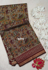 Mustard Brown - Kalanjali Fine Quality Soft Chanderi Silk Kalamkari Body with Small Zari Border - Perfect for Office Wear