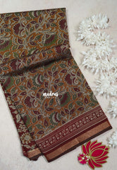 Mustard Brown - Kalanjali Fine Quality Soft Chanderi Silk Kalamkari Body with Small Zari Border - Perfect for Office Wear