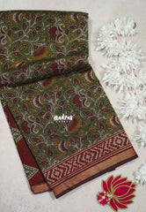 Olive Green - Kalanjali Fine Quality Soft Chanderi Silk Kalamkari Body with Small Zari Border - Perfect for Office Wear