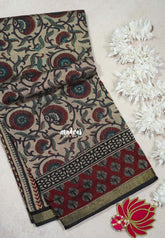 Muted Beige with Red and Blue - Kalanjali Fine Quality Soft Chanderi Silk Kalamkari Body with Small Zari Border - Perfect for Office Wear