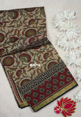 Muted Beige with Red and Green - Kalanjali Fine Quality Soft Chanderi Silk Kalamkari Body with Small Zari Border - Perfect for Office Wear