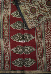 Muted Beige with Red and Green - Kalanjali Fine Quality Soft Chanderi Silk Kalamkari Body with Small Zari Border - Perfect for Office Wear