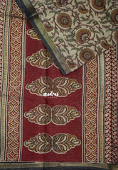 Muted Beige with Mustard - Kalanjali Fine Quality Soft Chanderi Silk Kalamkari Body with Small Zari Border - Perfect for Office Wear