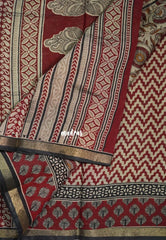 Muted Beige with Red - Kalanjali Fine Quality Soft Chanderi Silk Kalamkari Body with Small Zari Border - Perfect for Office Wear
