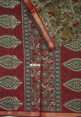 Olive Green - Kalanjali Fine Quality Soft Chanderi Silk Kalamkari Body with Small Zari Border - Perfect for Office Wear
