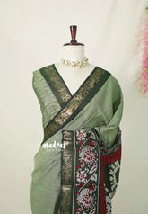 Sage Green - Kalanjali Chanderi Silk with Peacock Prints Cow Border - Best for Small Functions | Casual Wear