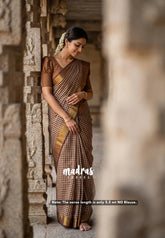 Beige with Brown - Classic Kanchi Cotton Kandangi Checks with Zari Border without Blouse - Best for Temple Visit