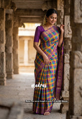 Yellowish Orange, Green and Magenta - Classic Kanchi Cotton Paalum Pazhamum kandangi Kattam with Ruddraksham and Temple Border without Blouse - Best for Temple Visit