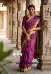 Magenta Purple - Classic Kanchi Chettinad Cotton Kandangi Checks with Temple Weaving Border without Blouse - Best for Temple Visit