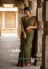 Verdant Green - Classic Kanchi Chettinad Cotton Kandangi Checks with Temple Weaving Border without Blouse - Best for Temple Visit