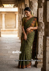 Verdant Green - Classic Kanchi Chettinad Cotton Kandangi Checks with Temple Weaving Border without Blouse - Best for Temple Visit