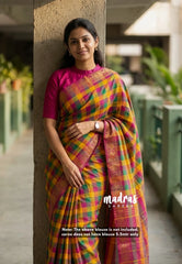 Green, Orange and Pink - Classic Kanchi cotton Paalum Pazhamum kandangi Kattam with Peacock Border without Blouse - Best for Temple Visit