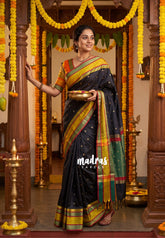 Jet Black - Sico Gadwal Semi Silk with Traditonal Rettapet Border and Buttas - Best for Wedding Functions