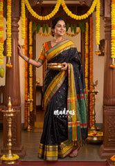 Jet Black Sico Gadwal Semi Silk Saree with Traditional Rettapet Border & Buttas | Elegant Wedding Wear Saree