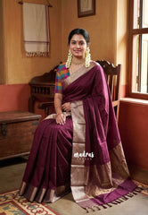 Majestic Maroon - Kanimozhi - Semi Soft Silk Saree with Madras Checks Cotton Blouse Double Blouse Combo - Perfect for Small Functions