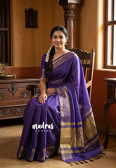 Violet Purple - Kanimozhi - Soft Silk Zari Checks with Multiline Floral Border - Best for Wedding Wear