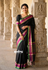 Ebony Black - Kanimozhi - Soft Silk Saree Plain with Rettapet Border - Best for Small Functions