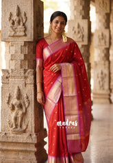Spicy Red with Lilac - Kanimozhi - Soft Silk Saree with Bavanji Border and Buttas - Best for Wedding Wear
