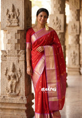 Spicy Red with Lilac - Kanimozhi - Soft Silk Saree with Bavanji Border and Buttas - Best for Wedding Wear