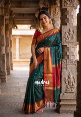 Midnight Green - Kanimozhi - Soft Silk Saree with Zari Border and Buttas - Best for Wedding Functions