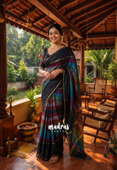 Midnight Rainbow - Kanimozhi - Premium Soft Silk Horizontal Striples with Rettapet Border - Best for Wedding Functions