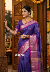 Dual Shade Purple - Kanimozhi - Soft Silk Zari Checks with Floral Border - Best for Wedding Wear
