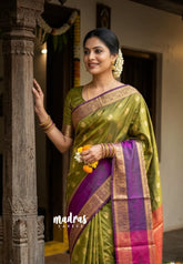 Olive Green - Kanimozhi - Soft Silk Saree Peacock Rettapetta Border with Peacok Buttas - Best for Wedding Wear