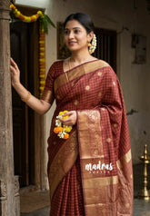 Rust Brown - Kanimozhi - Soft Silk Zari Checks with Floral Border - Best for Wedding Wear