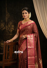 Rust Brown with Pink - Kanimozhi - Soft Silk Zari Checks with Floral Border - Best for Wedding Wear