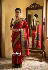 Rust Red - Kanimozhi - Soft Silk Zari Muthukattam with Floral Border - Best for Wedding Wear