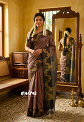 Peach Cocoa Checks - Kanimozhi - Soft Silk Checks with Golden Poo Kodi Border - Best for Wedding Wear