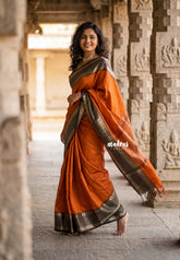 Rust Orange - Kanimozhi - Premium Soft Silk Plain with Rudraksham Border - Best for Wedding Functions